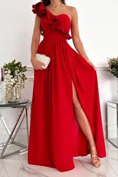 2023 אביב קיץ נשים מחוץ כתף שמלה ארוכה אדומה בלי שרוולים לפרוע את שולי השמלה אלגנטית בנות צד פיצול שמלות ערב