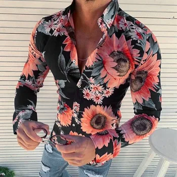 3d חמניות הדפסה על חולצות Mens גברים שרוול ארוך חברתית יוקרה גבר בגדי מעצבים אופנתיים אלגנטי קלאסי אופנה