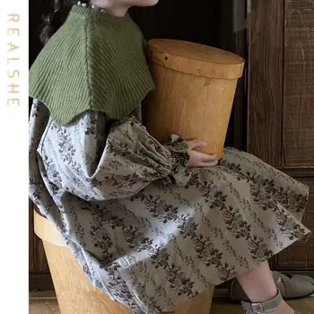 בציר שמלת ילדות 2023 קוריאנית סגנון שרוול ארוך פרחוני הדפסה סתיו חורף בגדי בנות ילדים ילדה שמלות