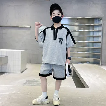 בני נוער בקיץ בגדים מזדמנים סטים 2-14 שנים ילדים כותנה מוצק צבע שרוול קצר קצרים שתי חתיכות ילדים קוריאני תלבושות