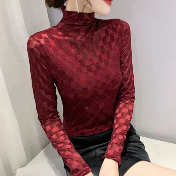 #8349 שחור אדום משובץ רשת חולצת נשים יהלומים סגנון קוריאני חזק חולצה נשית שרוול ארוך צווארון פרספקטיבה טי סקסי 