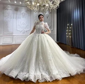 2023 חדשה מדהימה שמלת החתונה העצום הצוואר שרוולים ארוכים נוצץ נצנצים אפליקציות בהזמנה אישית שמלות כלה אלגנטית נשית