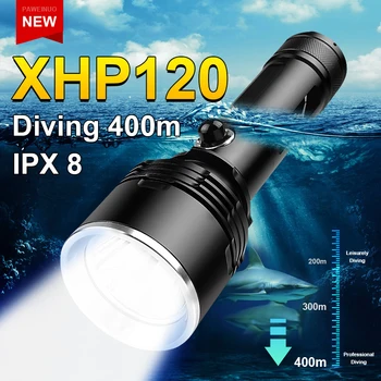 סופר מבריק XHP120 Led פנס צלילה IPX8 עמיד למים מקצוע צלילה Torchs 4 מצבי צלילה מקצועי אורות מתחת למים