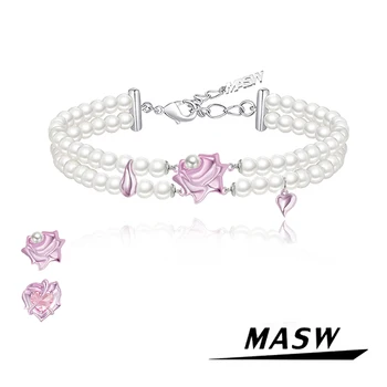 MASW מקורי עיצוב תכשיטי אופנה באיכות גבוהה מדומה פנינה פרח לב קולר שרשרת לנשים ילדה מסיבת חתונה, מתנה
