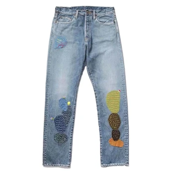 קפיטל בציר Hirata הירושי טלאים הכבדות לשטוף תיקון רקמה אופנה ג 'ינס אופנתי עבור גברים ג' ינס מכנסיים מתרחבים המכנסיים