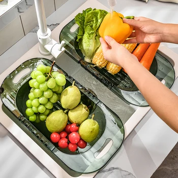 מתכוונן צלחת מייבש בתעלת הניקוז של הכיור סל כביסה ירקות פירות פלסטיק מתקן ייבוש אביזרים למטבח כלי ארגונית פו