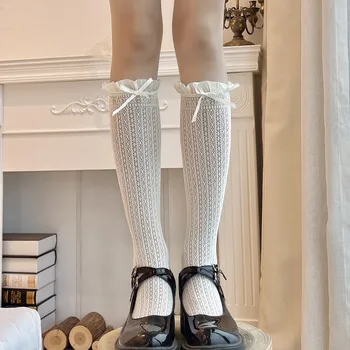יפנית רטרו נשים גרבי לפרוע גרביים ארוכות סגנון לוליטה לבן תחרה גבוה הברך גרב מתוקה בנות חמוד קשת הירך גרב גבוהות