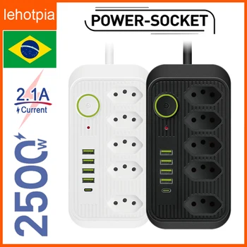 ברזיל תקע החשמל רצועות עם 5 שקע 4 יציאות USB ,2 מטר כבל מאריך בית חכם Surge Protector שקע סטנדרטי BR תקע מתאם