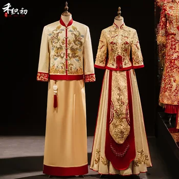 כמה פייטים חרוזים Cheongsam עתיקה חתונה שמלה אלגנטית ארוכה צ ' יפאו שמלות סינית מסורתית טוסט בגדים