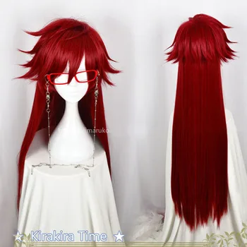 Kuroshitsuji באטלר שחור גרל סטקליף אדום ארוך ישר עמיד בפני חום שיער תחפושות קוספליי הפאה + הגולגולת שרשרת משקפיים