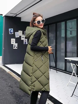 נשים אפוד ללא שרוולים ארוך מעיל כותנה מוצקים קוריאה עם ברדס מרופד צים חופשי נקבות 2023 אופנה מזדמן מעיל החורף