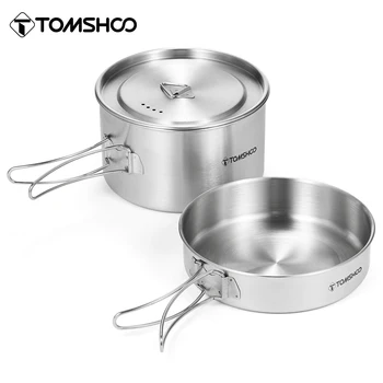 Tomshoo 2pcs לקמפינג סט כלי בישול נירוסטה סיר מחבת בישול סט מתקפל עם ידיות רשת לשאת את התיק מחנאות, כלי מטבח