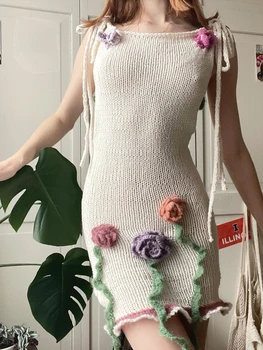 נשים Y2K בציר קרושה סרוגים שמלת מיני הקיץ 3D פרח סרטים Bodycon ללא משענת שרוולים עניבה רצועת כתף לסרוג את השמלה