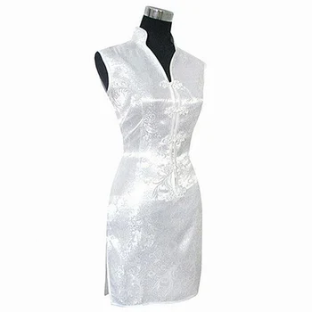 אופנה לבנה סינית זהורית צ ' יפאו Cheongsam בציר כפתור השמלה טוטם&פרח בגדים בגודל sml XL XXL XXXL WC172