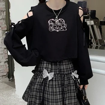 HOUZHOU Kawaii Off-הכתף התחבושת קפוצ 'ונים חולצות נשים Harajuku הדפס שרוול ארוך גזורה בסגנון יפני קפוצ' ון שחור