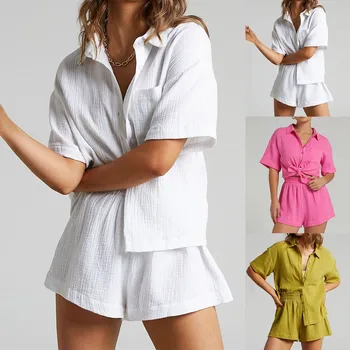 נשים תלבושת התאמת סטים הקיץ 2Pcs קובע שרוול קצר דש כפתור חולצה לבנה + רגליים רחבים קצרים מנופחים מזדמן הסרבל.
