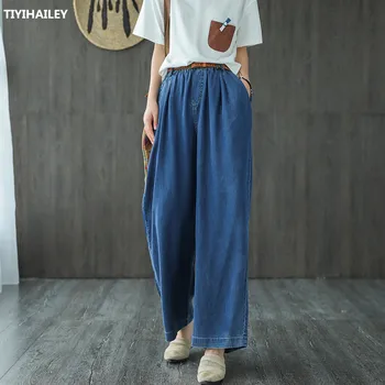 TIYIHAILEY משלוח חינם 2020 החדש דק אופנה ג 'ינס מכנסי נשים רחבים הרגל מכנסיים בתוספת גודל הקיץ אלסטי המותניים ג' ינס מ-2XL
