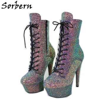 Sorbern נצנצים נשים מגפי 15Cm עקב גבוה חשפנית עם העקבים פלטפורמת נעליים ריקוד מוט חלופה אופנה רטרו נעליים מותאמות אישית