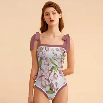 הפרח הורוד הדפסה חתיכה אחת בגד ים 2023 נשים קשת רצועת גבוהה המותניים הלטר ביקיני בתוספת גודל בגדי ים קיץ לכסות את השמלה.
