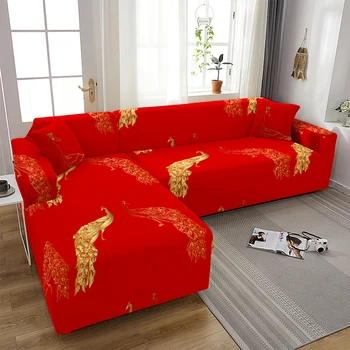 אדום הדפסה צורת L ספה לכסות את הסלון בסגנון סיני ספה מגן נגד אבק אלסטי נמתח מכסה עבור ספה פינתית כיסוי