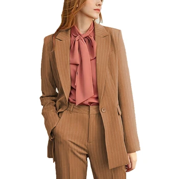בראון נשים חליפת פסים דש כפתור אחד עסק משרד גבירותיי מקצועי מזדמן 2 יח ' קט +מכנסיים אופנה תחפושת