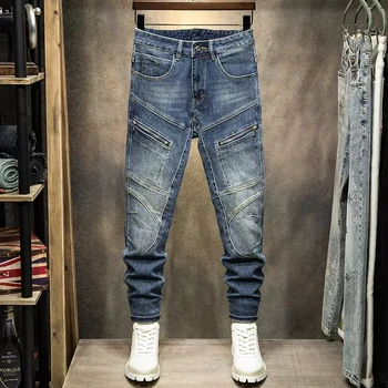 רחוב אופנה גברים ג 'ינס רטרו כחול משולבים מעצב אלסטי רזה האופנוען ג' ינס גברים תוקנו היפ הופ ג ' ינס עיפרון מכנסיים גברים