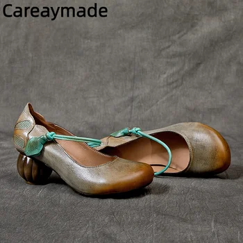 Careaymade חדש עור אמיתי נעלי נשים עור פרה ראש עגול עבה העקב פה שטוח אחת נעלי אמנות רטרו נעליים נוחות
