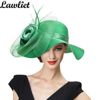 Lawliet רחב שוליים כובעי הקיץ לנשים נוצות רשת Fascinator החוף הכלולות של אמא כובעים לחתונה דרבי הכנסייה כובע A433