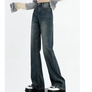 כחול גבוהה המותניים נשים ג 'ינס הזיקוק מכנסיים בציר אופנה אמריקאי רחוב רחב הרגל ג' ין נקבה ג 'ינס מכנסי באגי מכנסי ג' ינס