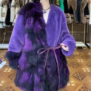 2022 חורף חדש אופנה פרווה עם פרווה מינק מעיל ארוך שרוולים של נשים מזג אמצע אורך חורף חם הרזיה מעילים