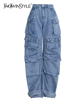 TWOTWINSTYLE אופנה בסגנון טלאים כפתור הג 'ינס גבוהה המותניים משולבים כיס חופשי מזדמנים ג' ינס רחב הרגל המכנסיים נקבה סתיו 2022