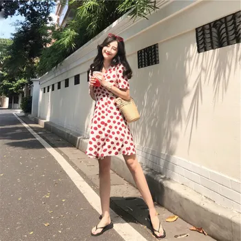 קיץ תות שמלת אופנה קוריאנית Kawaii אישה גבוהה המותניים שמלה 2023 חדש רופף סלים לדחוף את הירך תחפושות מזדמנים אופנת רחוב