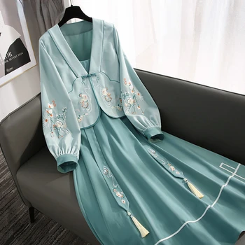 בסגנון סיני Vestidos מ-4XL נשים אביב סתיו שיק פרחוני רקמה מעיל רצועת שמלת שני חלקים חליפה נשית משובחת Cheongsam
