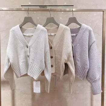 2023 נשים סוודר אפודות ויסקוזה עבה שרוול ארוך קצרה סוודרים סרוגים המחבט החורף פשוט רופף מוצק לבן קרדיגן מקסימום