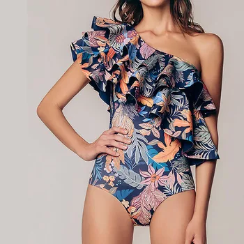 אחת כתף פרע מודפס בגדי הים V-צוואר פתוח בגב בגד ים פוש אפ סלים בגדי ים לנשים 2023 הקיץ Beachwear