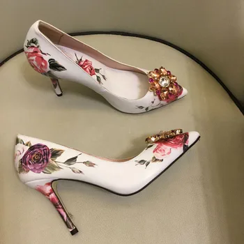 רוז פרח להדפיס עקב גבוה חתונה לבנה נעלי נשים יוקרה ריינסטון פגיון משאבות עור אמיתי נעלי נשים