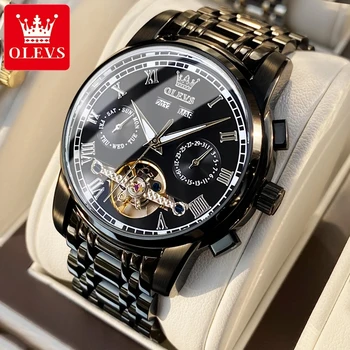 OLEVS המותג המקורי שעון גברים אוטומטי מכאני שעון העליון מותג יוקרה טורבילון שעון יד קלאסי זכר שחור שעונים