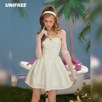 UNIFREE מתוק עטוף בחזה שמלה לבנה Hotsweet סקסי רקמת אקארד נשים שמלות פרל קישוט מיני שמלות קיץ.