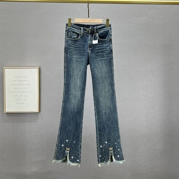 נשים ריינסטון ג 'ינס 2023 סתיו חדש אלסטי ג' ינס מכנסיים אופנה חם קידוח סקיני ז ' אן בנות תלמיד הזיקוק מכנסיים Mujer