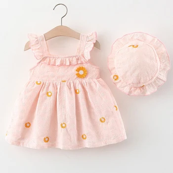 2Piece הקיץ להגדיר קוריאנית בגדי תינוקות לפעוטות שמלות ילדה חמודה פרחים ללא שרוולים כותנה תינוק שמלת נסיכה+Sunhat BC2365-1