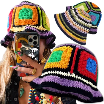 קוריאני ניגוד צבעוני קשת, דלי כובע נשים בעבודת יד לסרוג לסרוג דייג כובע קיץ בנות נסיעות נופש חוף כובע השמש