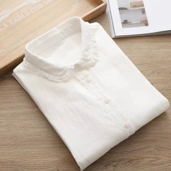כותנה פרע את החולצה לנשים 2022 אביב סתיו אמנותי רטרו שרוול ארוך מוצק יחיד-שולי החולצה הלבנה נשים Blusas
