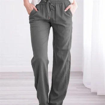 נשים רחב הרגל מכנסיים אלסטיים במותניים מוצק צבע שרוך כותנה פשתן מזדמן בכיס המכנסיים