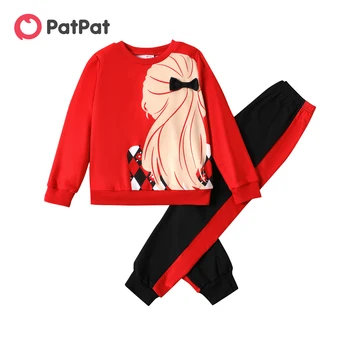 PatPat 2pcs ילד ילדה אופי להדפיס את החולצה האדומה וגם Colorblock מכנסיים להגדיר