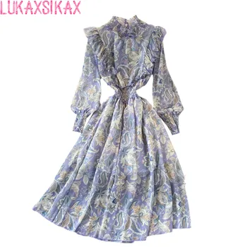 LUKAXSIKAX 2022 חדש האביב סתיו נשים לעמוד צווארון ארוך שרוול סלים שמלה ארוכה מתוק קפלים רטרו פרחוני שמלת שיפון