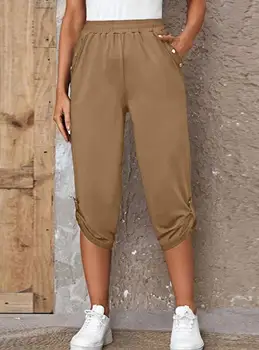 נשים מכנסיים 2023 קיץ אופנה גבוהה המותניים מכופתרת כיס עיצוב מזדמנים חד יומי Capris מכנסיים Y2K אופנת רחוב