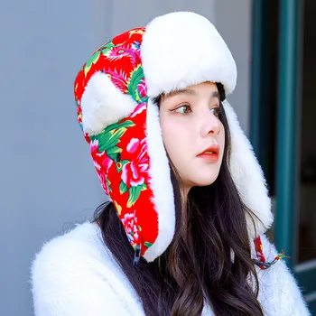 2022 Ushanka אופנה החורף מודפס הכובע הרוסי נשים חם גדול כותנה כותנה Earflap גברים חיצונית ציד סקי המחבל כובעים