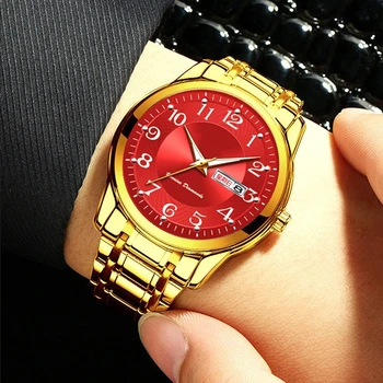 המותג הגברי גברים יוקרה קוורץ שעונים של המותג פלדה לוח שנה 30 מטרים עמיד של גברים שעון זהב, שעון מנס פרת Relogio Masculino