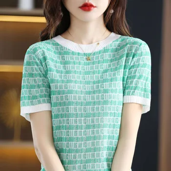 אופנה O-צוואר משולבים כל-התאמה אריג החולצה הנשית בגדים 2023 הקיץ החדש מנופחים מזדמן Pullovers שרוול קצר חולצה