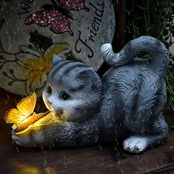 השמש גינה חיצונית פסל חתול גן צלמית עם החתול מחזיק פרפר על חצר פטיו הדשא אמנות קישוט מתנה לחנוכת בית